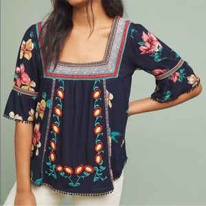 Anthropologie embroidered tassel hem square neckline blouse